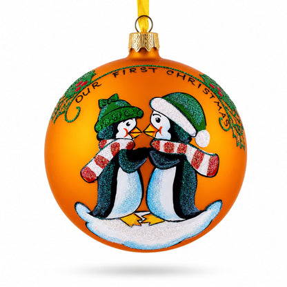 Our First Christmas Penguin Couple Glass Ball Ornament 4 Inches