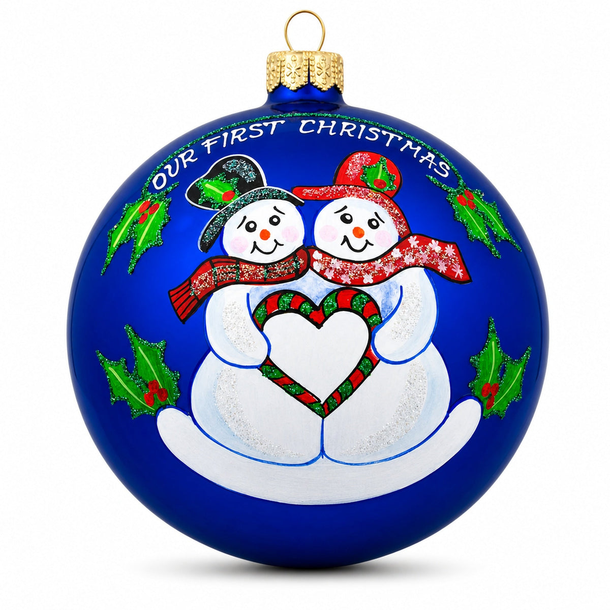 Snowman Sweethearts with Engraved Heart Glass Ball 'Our First Christmas' Ornament 4 Inches