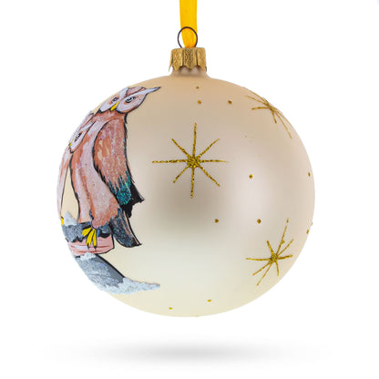 Two Owls Perched in Moonlight Glass Ball Christmas Ornament 4 Inches