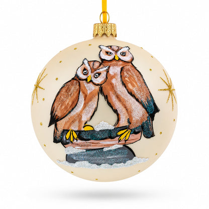 Two Owls Perched in Moonlight Glass Ball Christmas Ornament 4 Inches