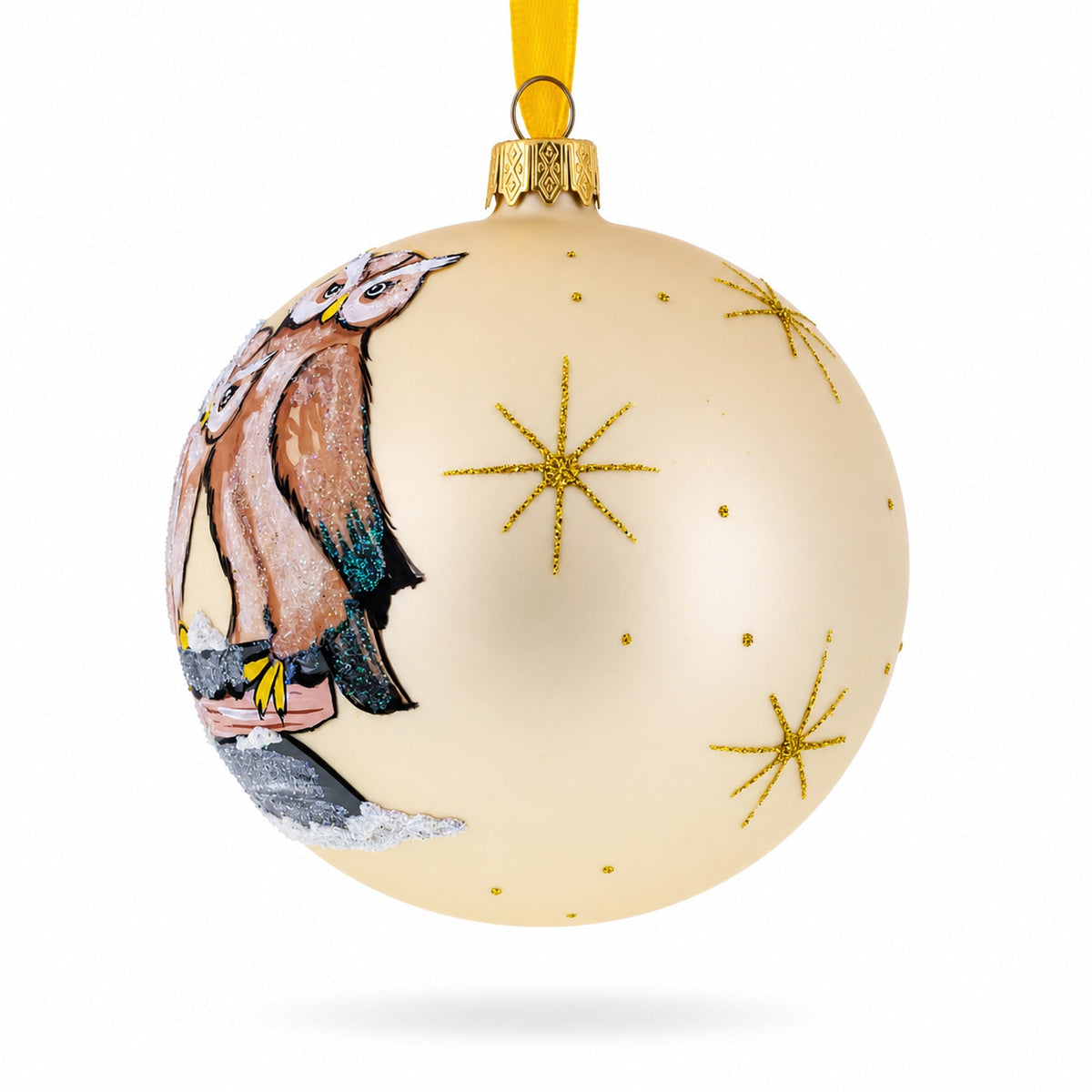 Two Owls Perched in Moonlight Glass Ball Christmas Ornament 4 Inches