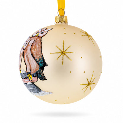 Two Owls Perched in Moonlight Glass Ball Christmas Ornament 4 Inches