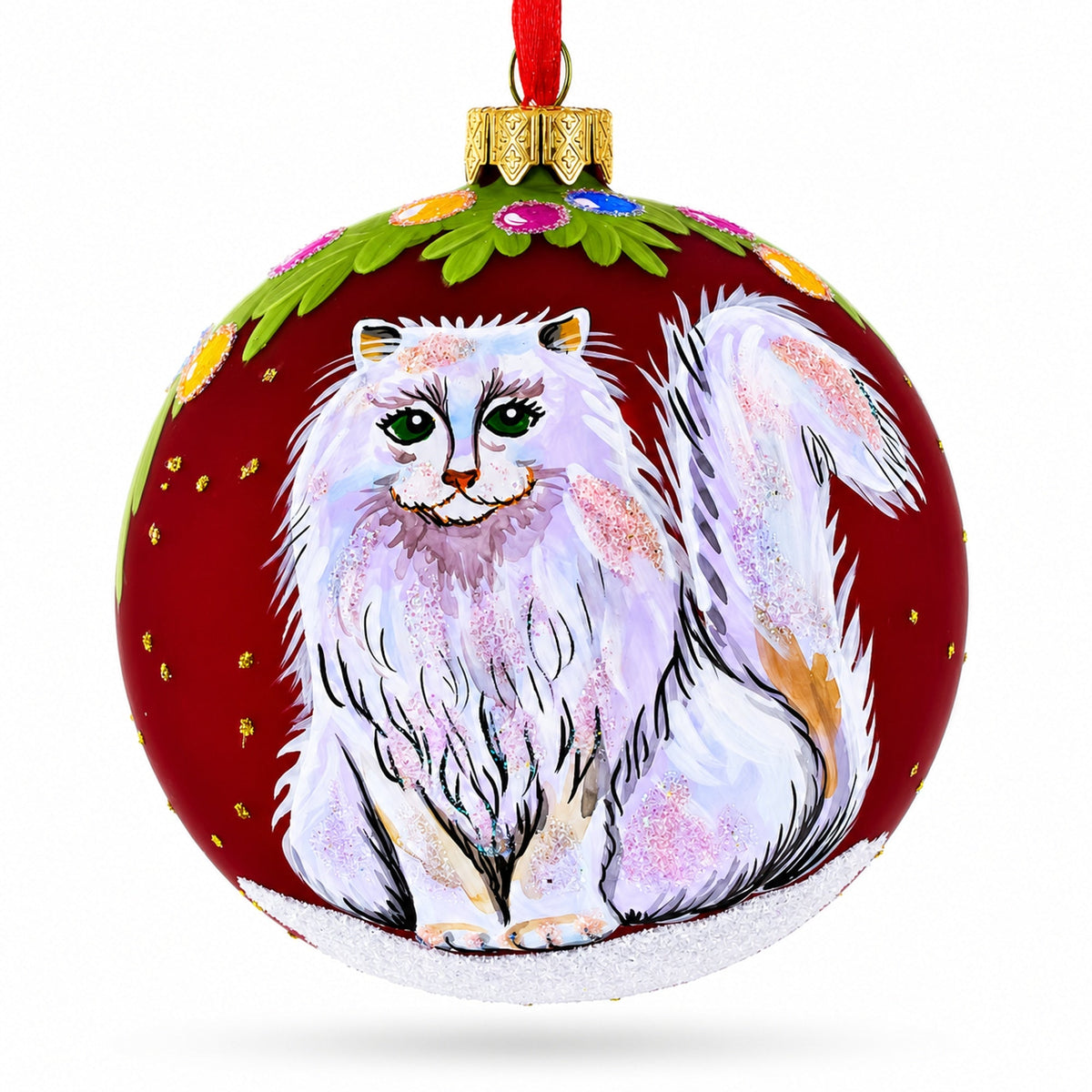 Fluffy White Persian Cat Glass Ball Christmas Ornament 4 Inches