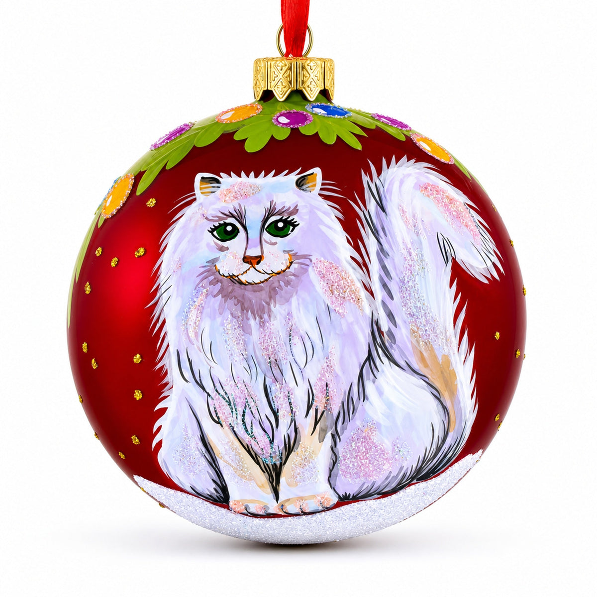 Fluffy White Persian Cat Glass Ball Christmas Ornament 3.25 Inches