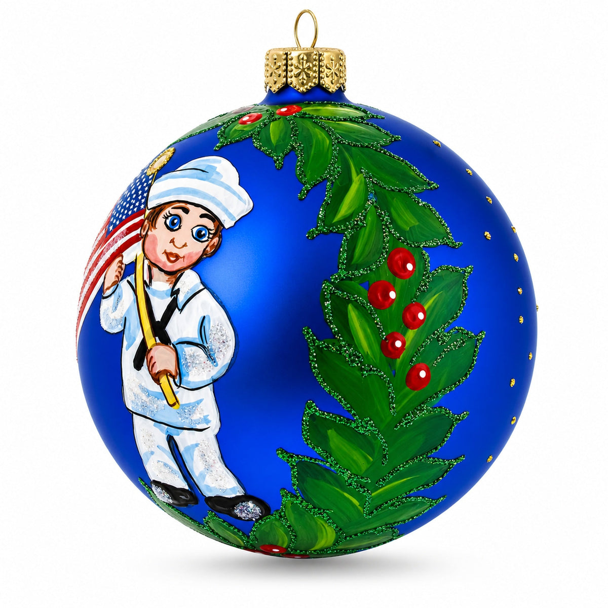Navy Sailor Boy Holding American Flag Blue Ball Glass Christmas Ornament 4 Inches