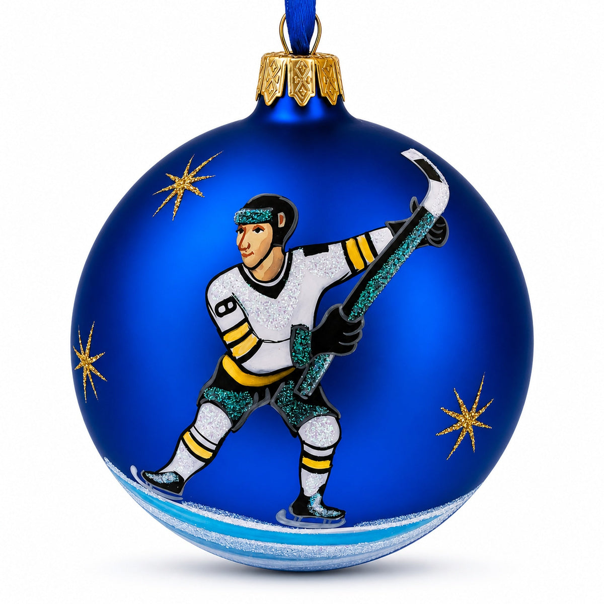 Hockey Player in Action on Blue Glass Ball Christmas Sports Ornament 4 Inches