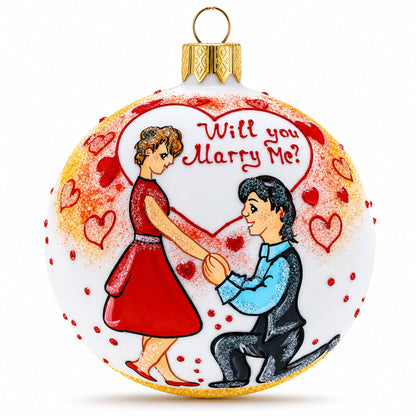 Proposal 'Will You Marry Me?' Glass Ball Christmas Ornament 4 Inches