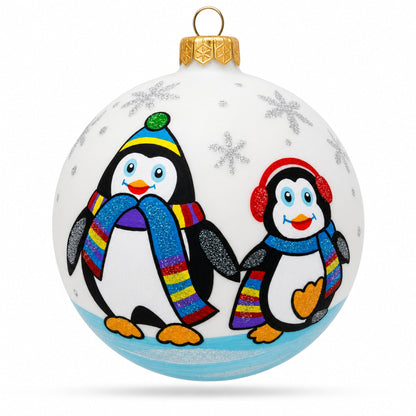 Two Penguins Glass Ball Christmas Ornament 4 Inches
