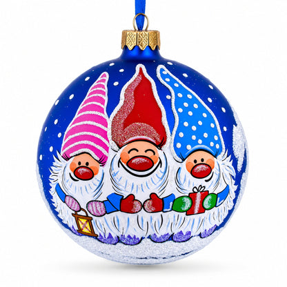 Joyful Trio of Gnomes Glass Ball Christmas Ornament 4 Inches