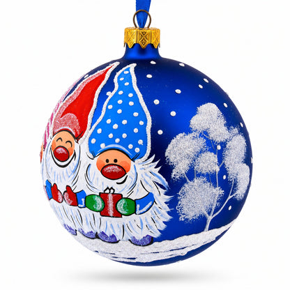 Joyful Trio of Gnomes Glass Ball Christmas Ornament 4 Inches