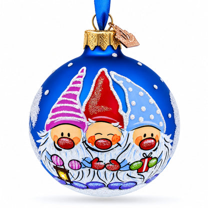 Joyful Trio of Gnomes Glass Ball Christmas Ornament 3.25 Inches