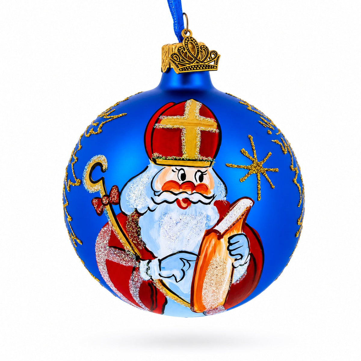 St. Nicholas Reviewing His Gift List Glass Ball Christmas Ornament 3.25 Inches