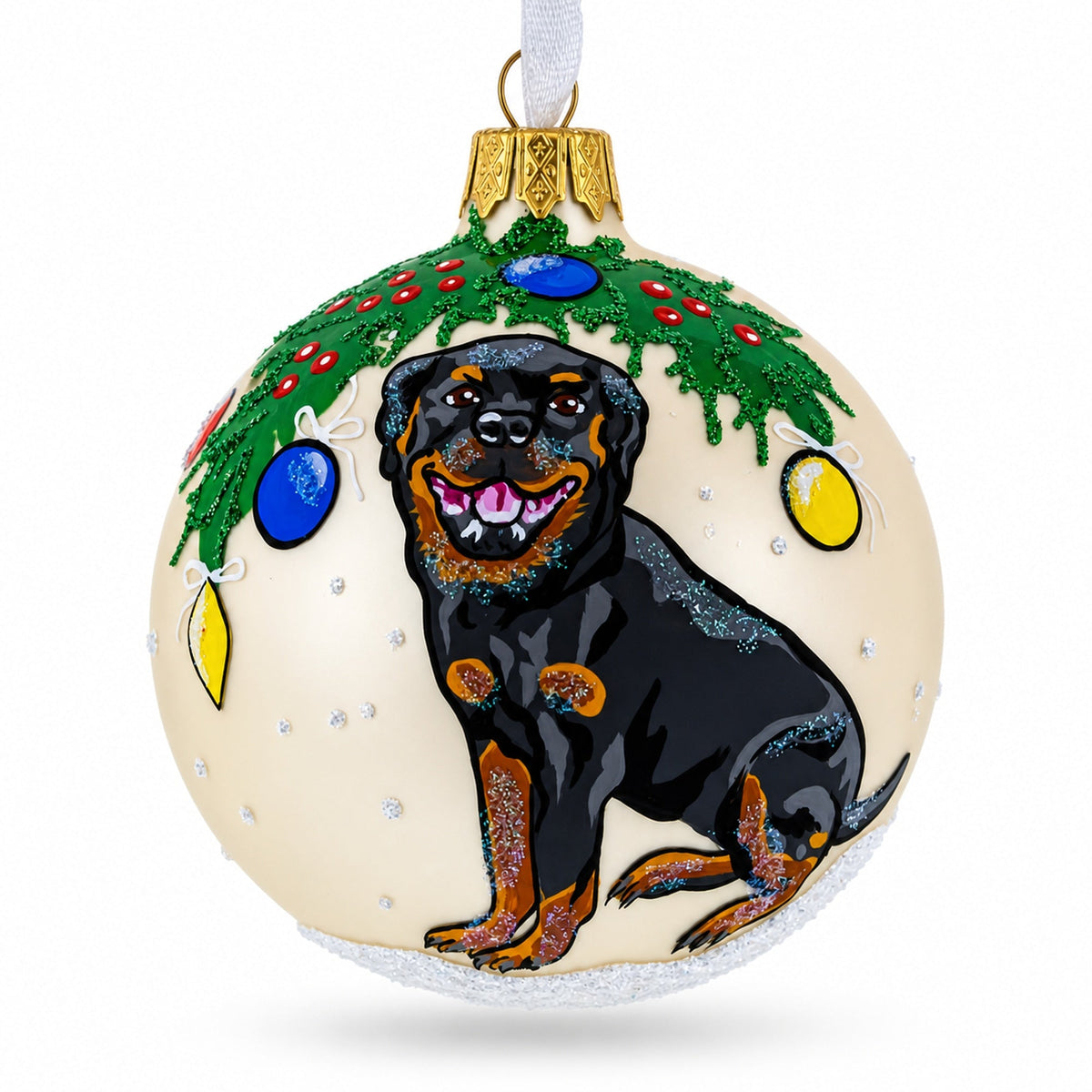 Cheerful Rottweiler  Glass Ball Christmas Ornament 3.25 Inches