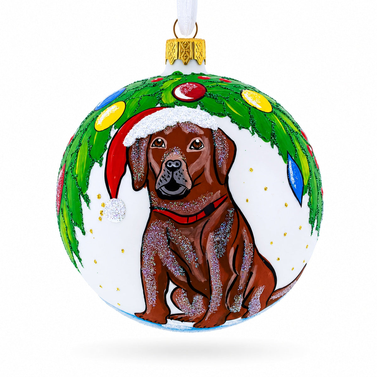Chocolate Labrador in Santa Hat Glass Ball Christmas Ornament 4 Inches