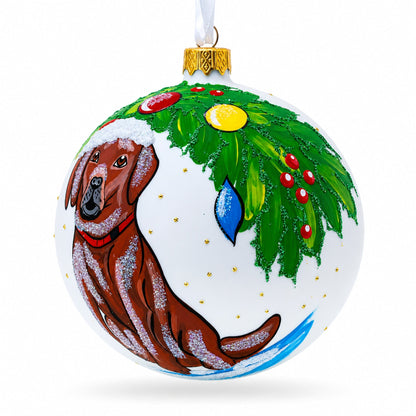 Chocolate Labrador in Santa Hat Glass Ball Christmas Ornament 4 Inches