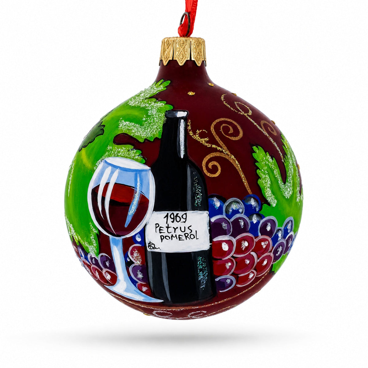 Red Wine Bottle Glass Ball Christmas Ornament 3.25 Inches