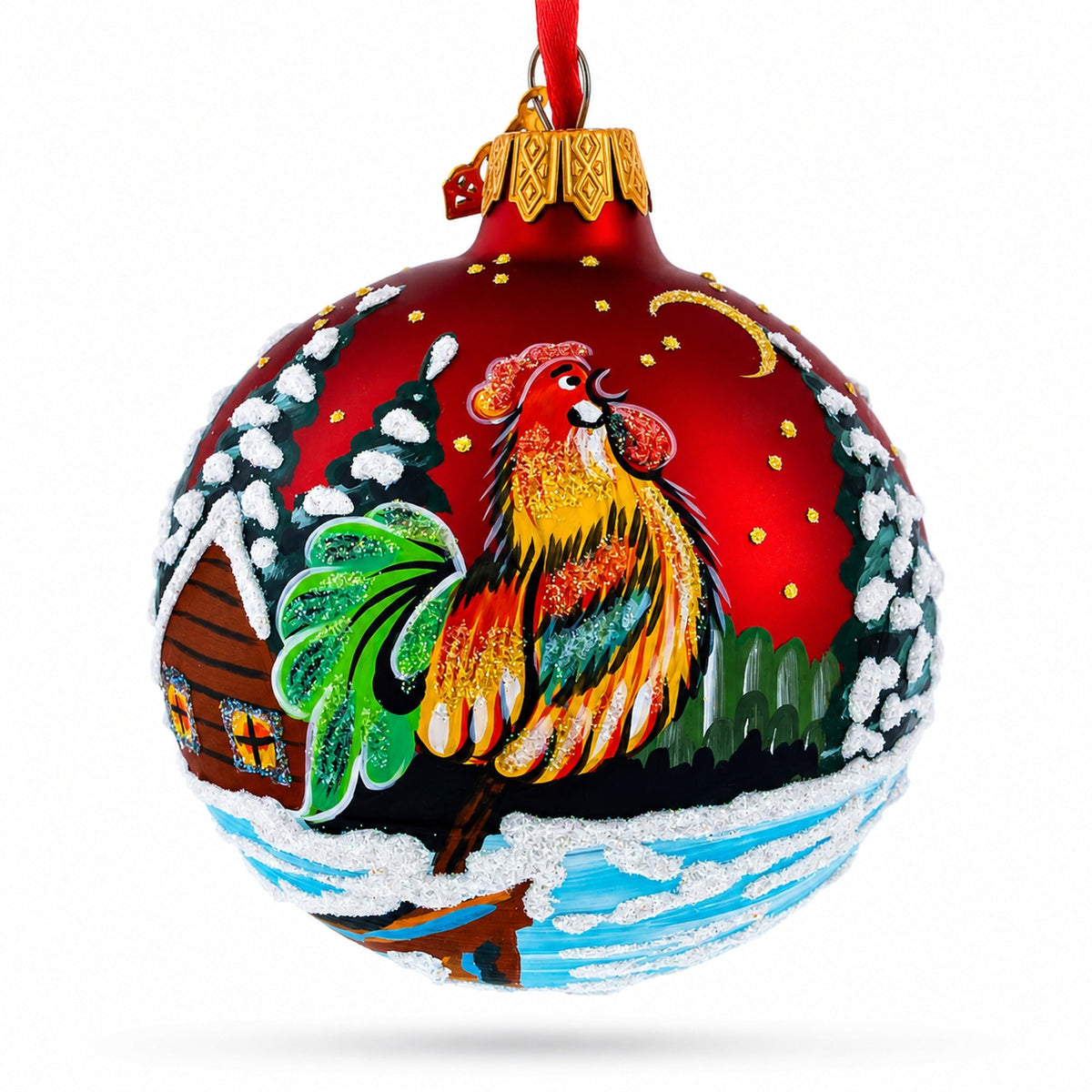 Rooster Village Scene Glass Ball Christmas Ornament 3.25 Inches