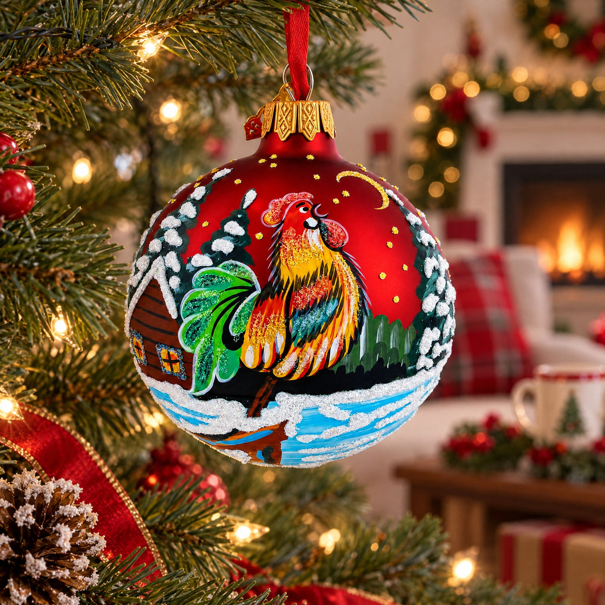 Rooster Village Scene Glass Ball Christmas Ornament 3.25 Inches