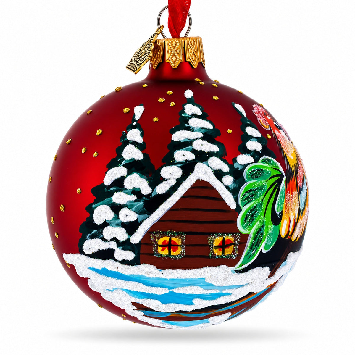 Rooster Village Scene Glass Ball Christmas Ornament 3.25 Inches