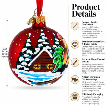 Rooster Village Scene Glass Ball Christmas Ornament 3.25 Inches