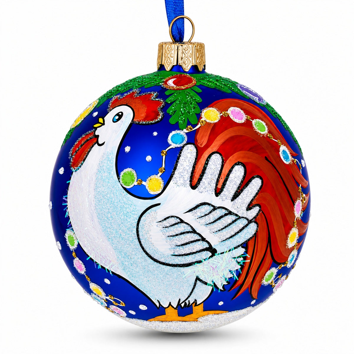 White Rooster Adorned with Holiday Lights Glass Ball Christmas Ornament 3.25 Inches