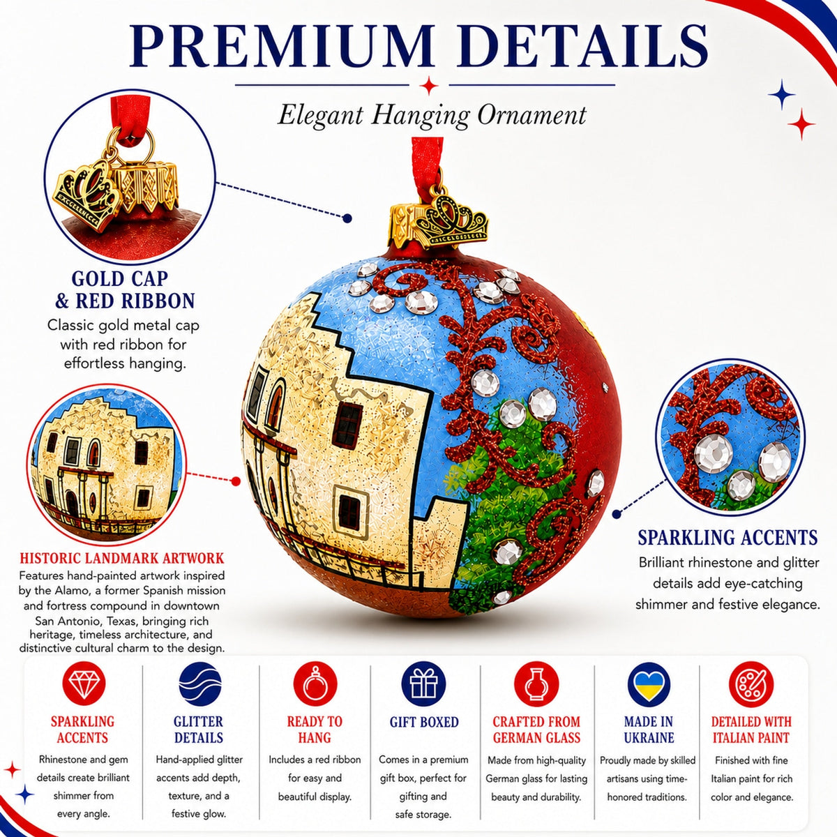 The Alamo, San Antonio, Texas Glass Ball Christmas Ornament 3.25 Inches