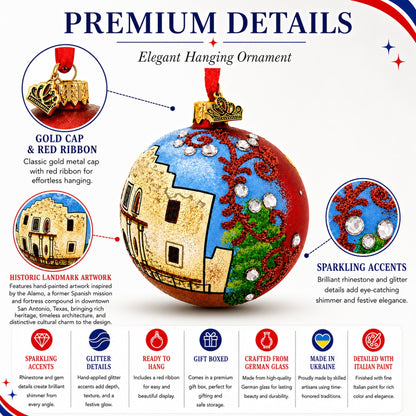 The Alamo, San Antonio, Texas Glass Ball Christmas Ornament 3.25 Inches