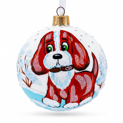 Puppy on the Snow Glass Christmas Ornament 3.25 Inches