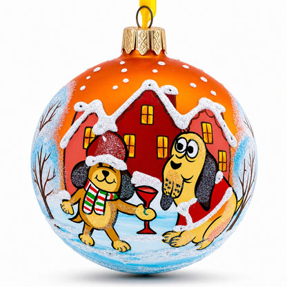 Festive Dogs' Holiday Celebration Glass Ball Christmas Ornament 3.25 Inches