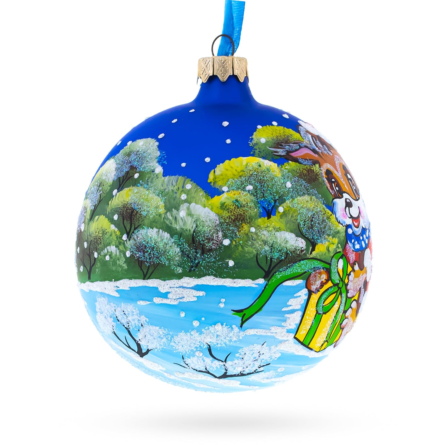 Puppy Unwrapping a Surprise Glass Ball Christmas Ornament 4 Inches