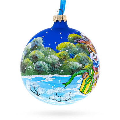 Puppy Unwrapping a Surprise Glass Ball Christmas Ornament 4 Inches