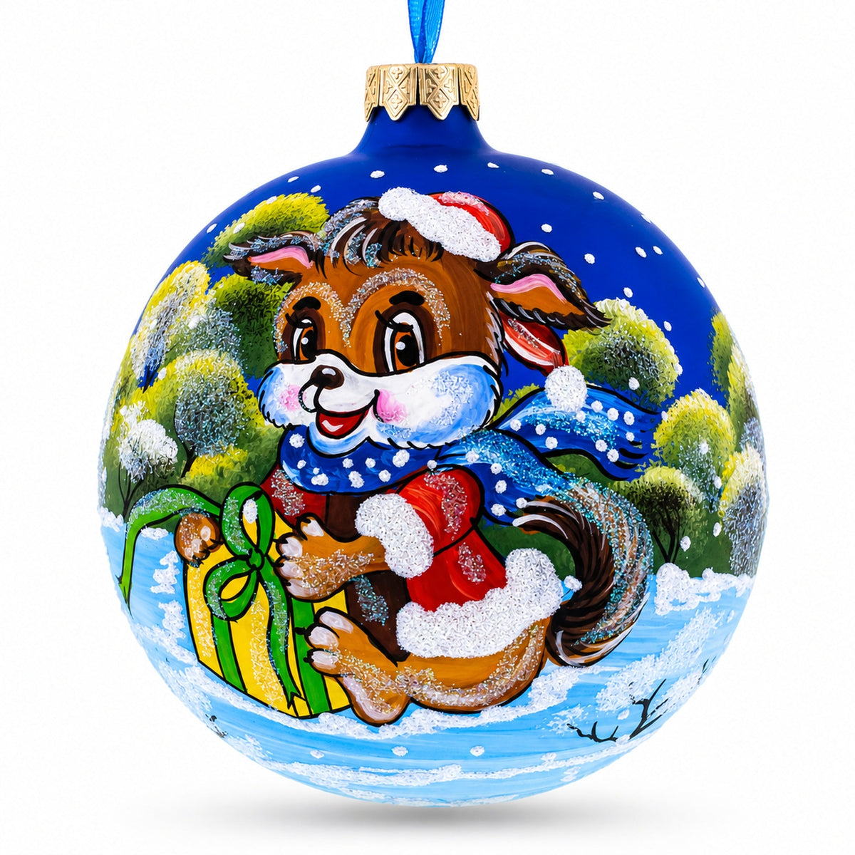 Puppy Unwrapping a Surprise Glass Ball Christmas Ornament 4 Inches
