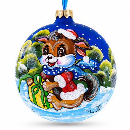 Puppy Unwrapping a Surprise Glass Ball Christmas Ornament 4 Inches