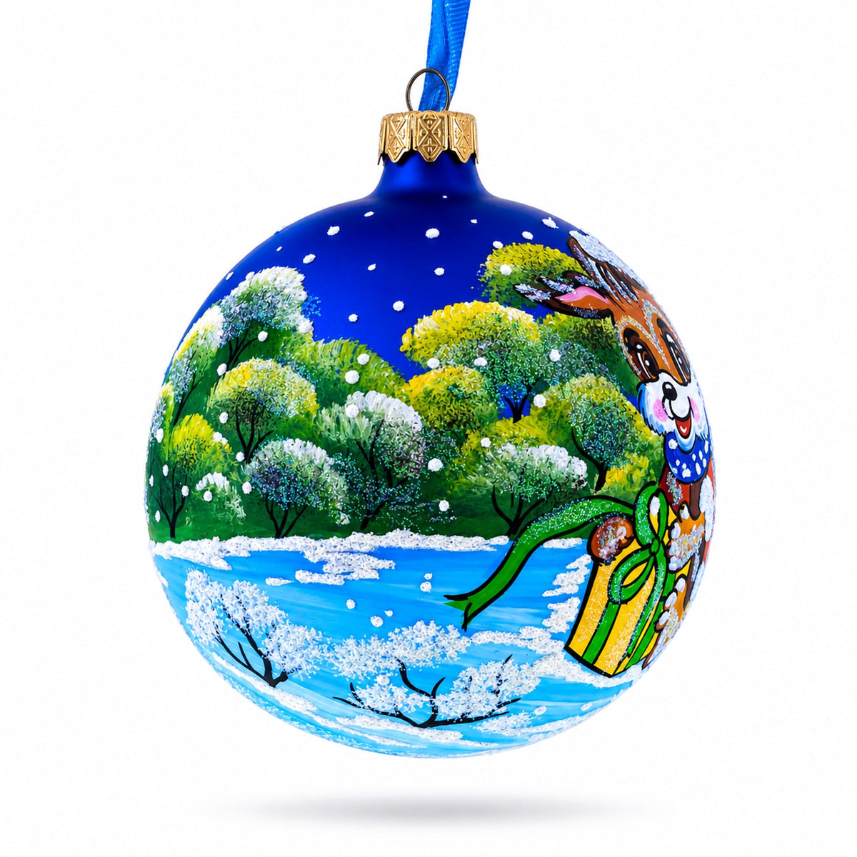 Puppy Unwrapping a Surprise Glass Ball Christmas Ornament 4 Inches