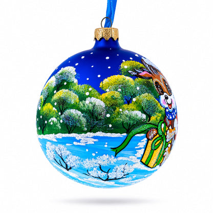 Puppy Unwrapping a Surprise Glass Ball Christmas Ornament 4 Inches