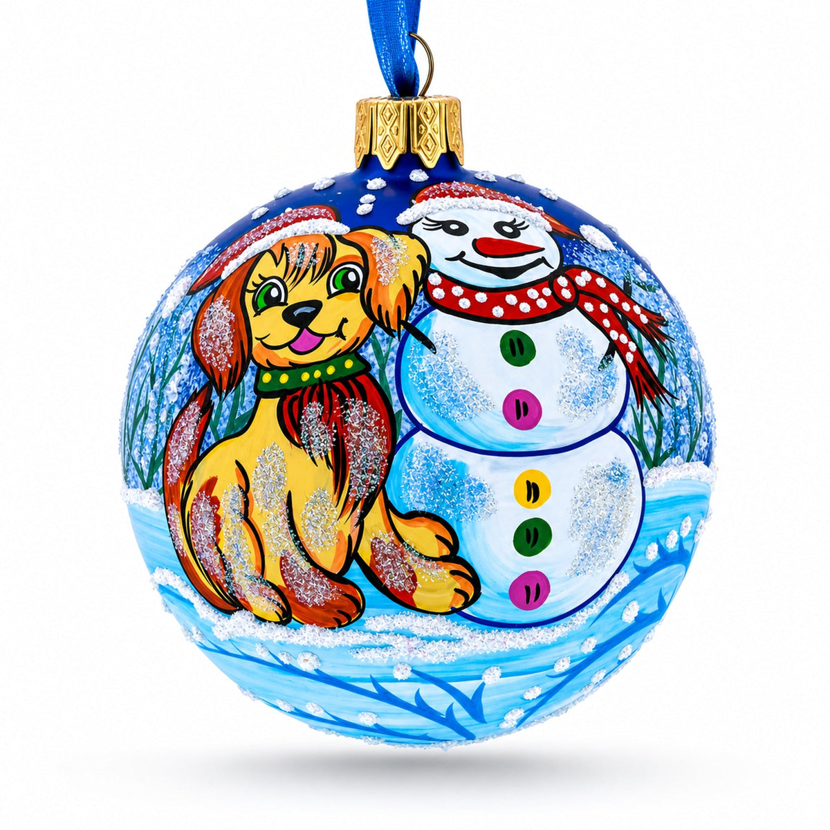 Dog and Snowman Friendship Glass Ball Christmas Ornament 3.25 Inches