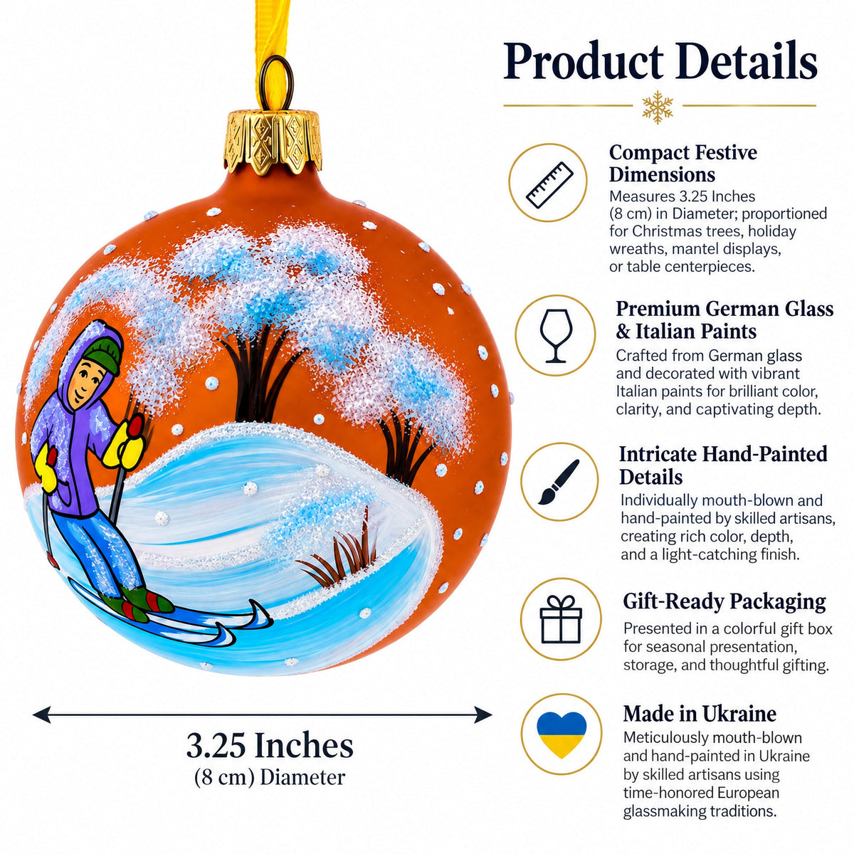 Boy Skiing Glass Ball Christmas Ornament 3.25 Inches