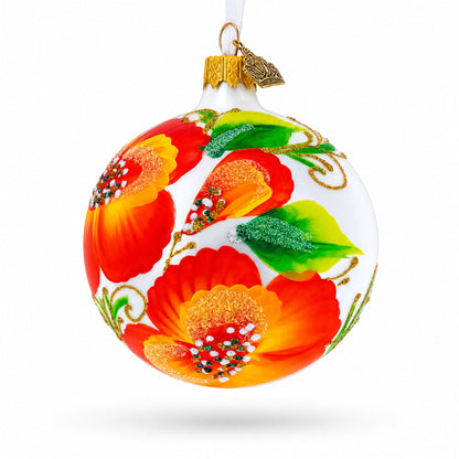 Poppy Flowers on White Glass Ball Christmas Ornament, 3.25 Inches