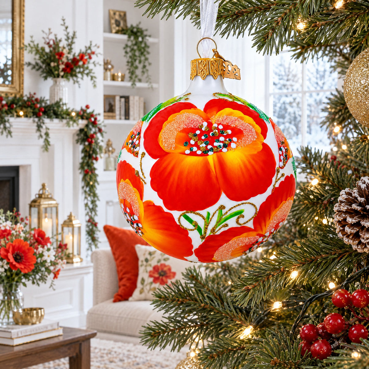 Poppy Flowers on White Glass Ball Christmas Ornament, 3.25 Inches
