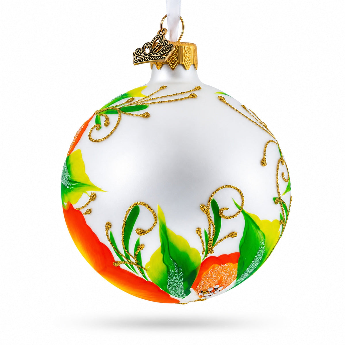 Poppy Flowers on White Glass Ball Christmas Ornament, 3.25 Inches