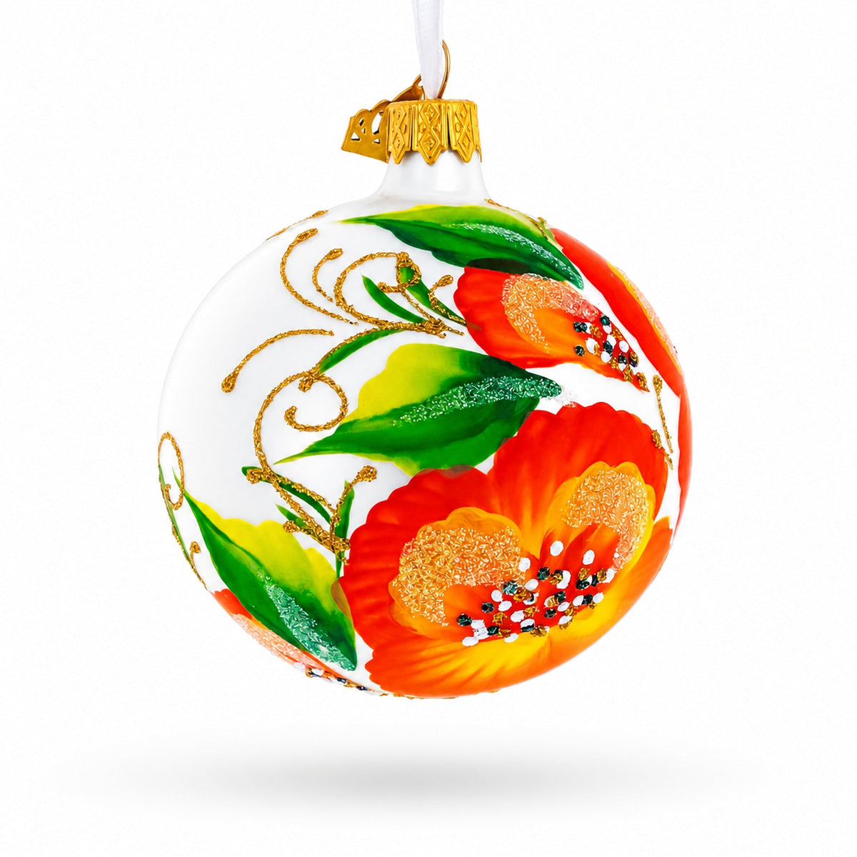 Poppy Flowers on White Glass Ball Christmas Ornament, 3.25 Inches