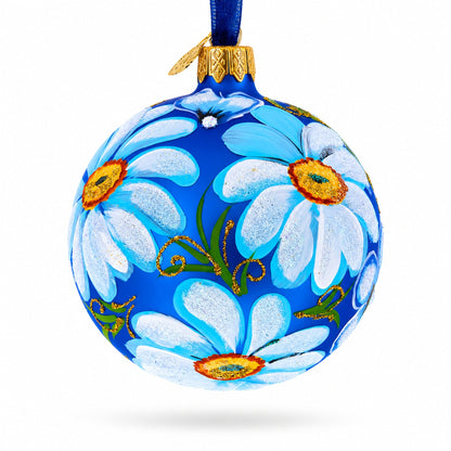 Daisy Flowers on Blue Glass Ball Christmas Ornament 3.25 Inches