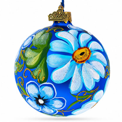 Daisy Flowers on Blue Glass Ball Christmas Ornament 3.25 Inches