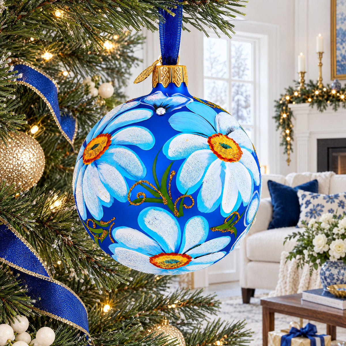 Daisy Flowers on Blue Glass Ball Christmas Ornament 3.25 Inches