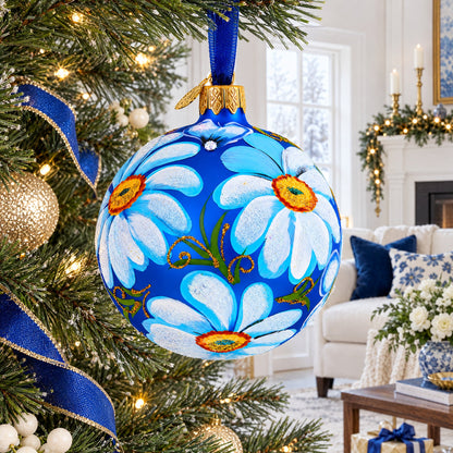 Daisy Flowers on Blue Glass Ball Christmas Ornament 3.25 Inches