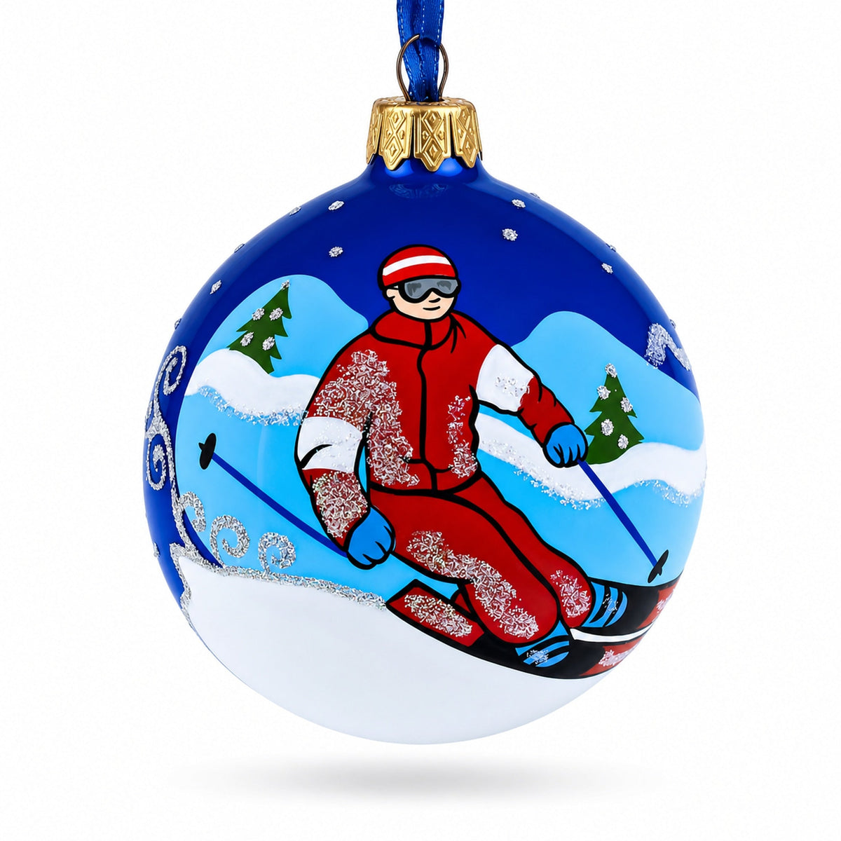 Winter Wonderland Skiing Blue Glass Ball Christmas Ornament 3.25 Inches