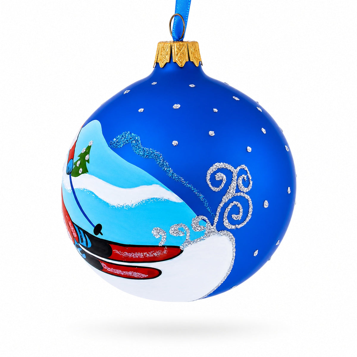 Winter Wonderland Skiing Blue Glass Ball Christmas Ornament 3.25 Inches