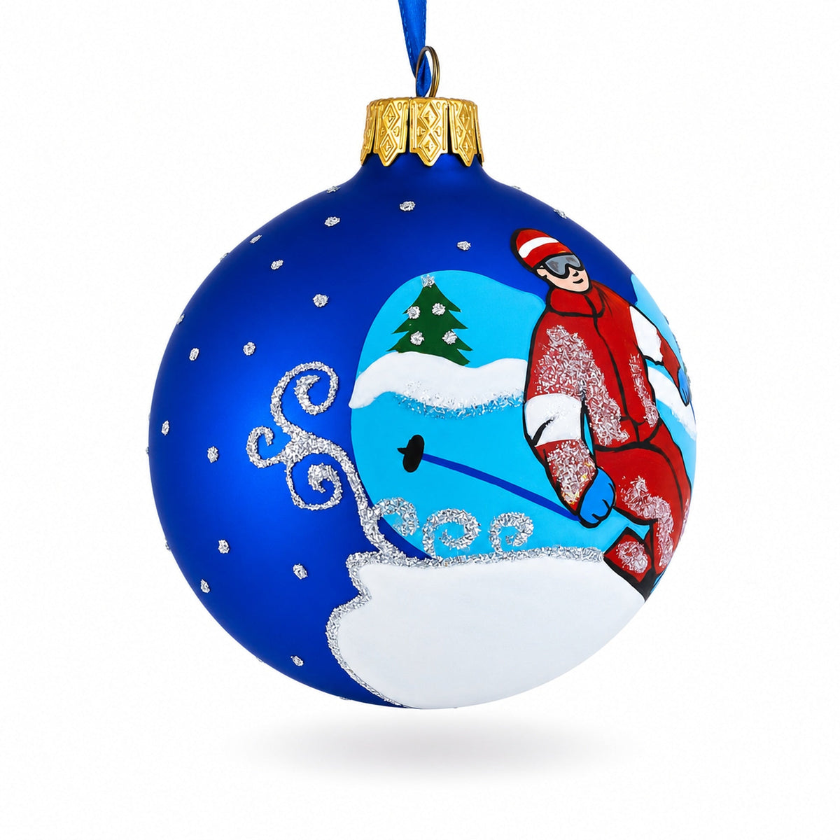 Winter Wonderland Skiing Blue Glass Ball Christmas Ornament 3.25 Inches