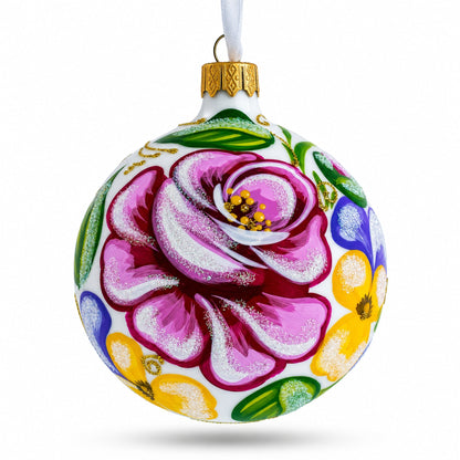 Pink Roses Glass Ball Christmas Ornament 3.25 Inches