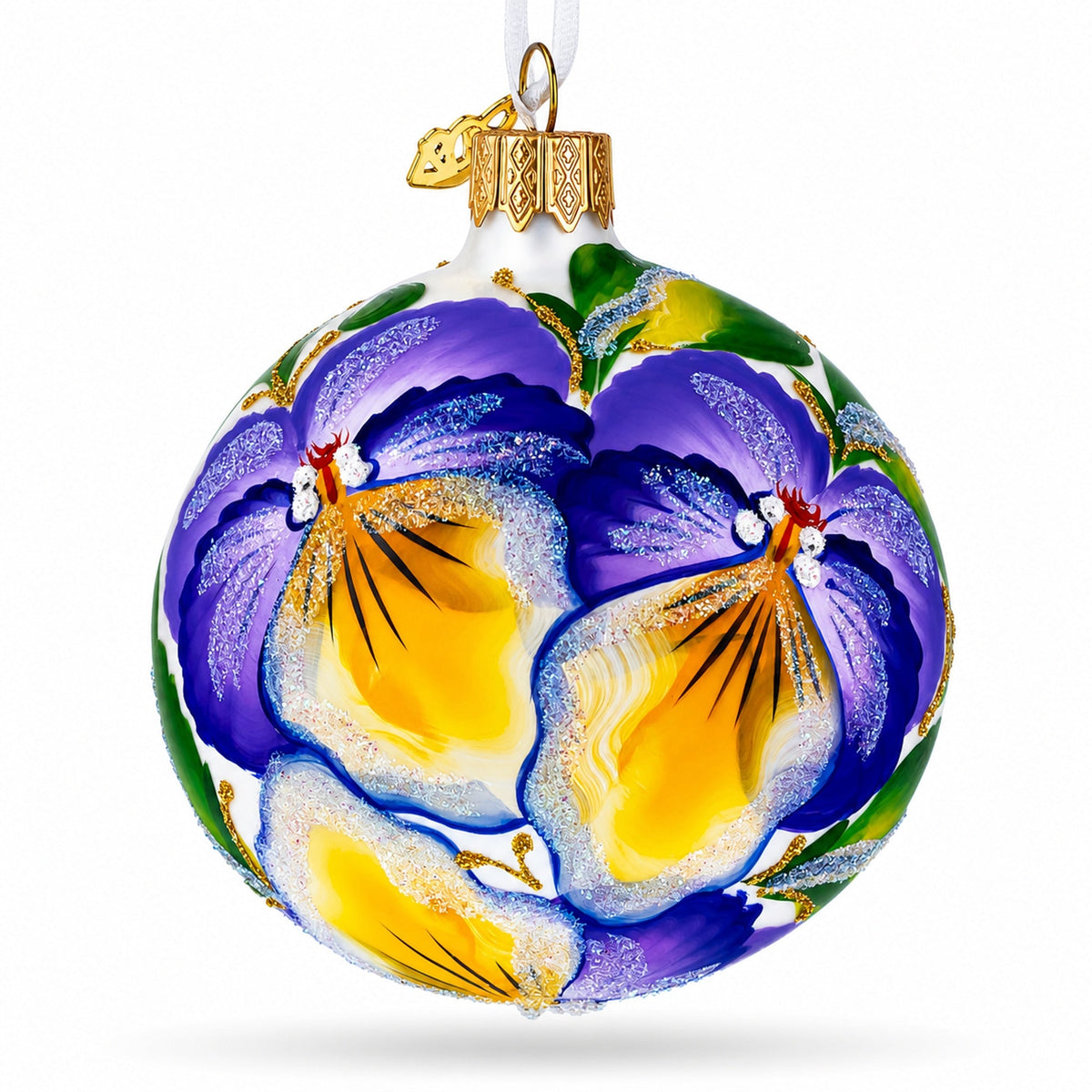 Purple Pansy Flowers Glass Christmas Ornament 3.25 Inches